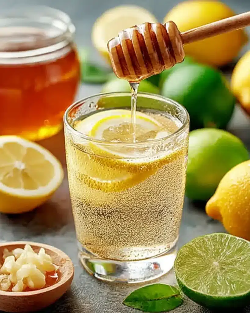 Honey being drizzled into a lemon detox drink surrounded by fresh lemons and limes