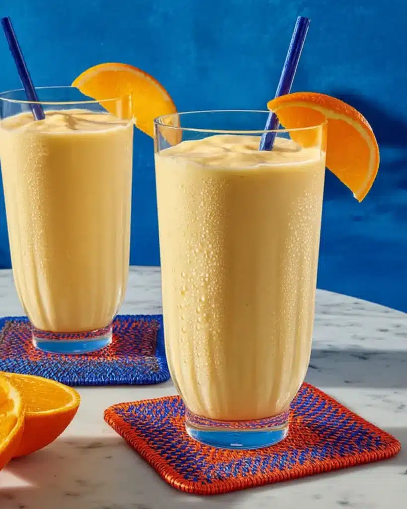 Close-up of two tall glasses filled with thick, creamy Orange-Mango Smoothie topped with orange slice garnish and blue straws.
