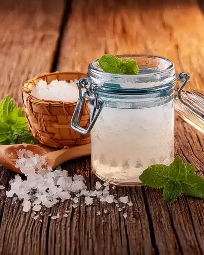 Water kefir in a glass jar with mint leaves beside a wooden spoon and spilled kefir grains on a wooden table.