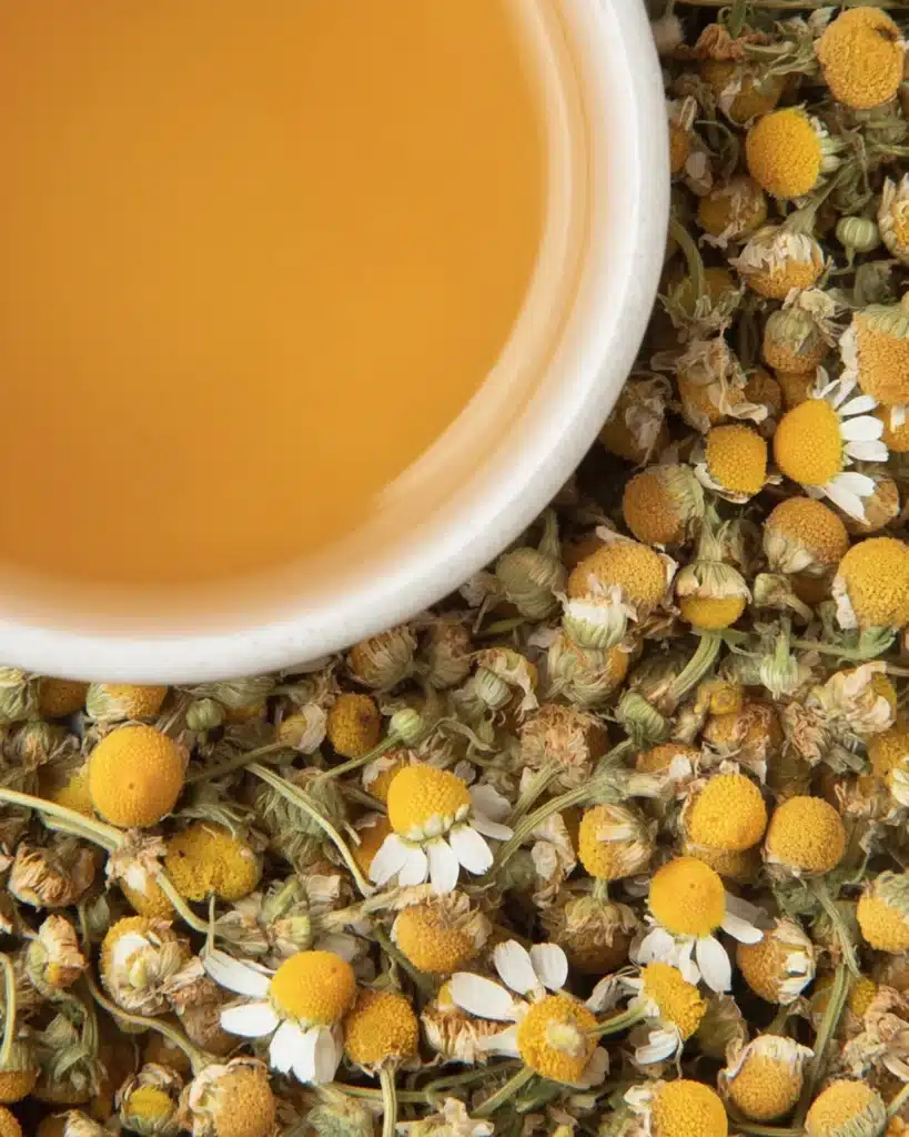 A cup of herbal tea placed over dried chamomile flowers, captured from above.