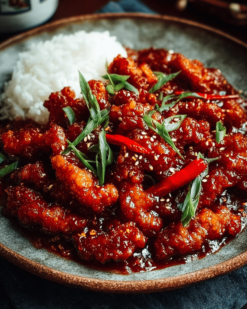 Crispy glazed chicken with sesame seeds and herbs served beside steamed rice