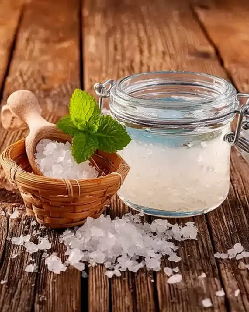 Basket spilling kefir grains beside a glass jar of water kefir with mint leaves on a wooden table.