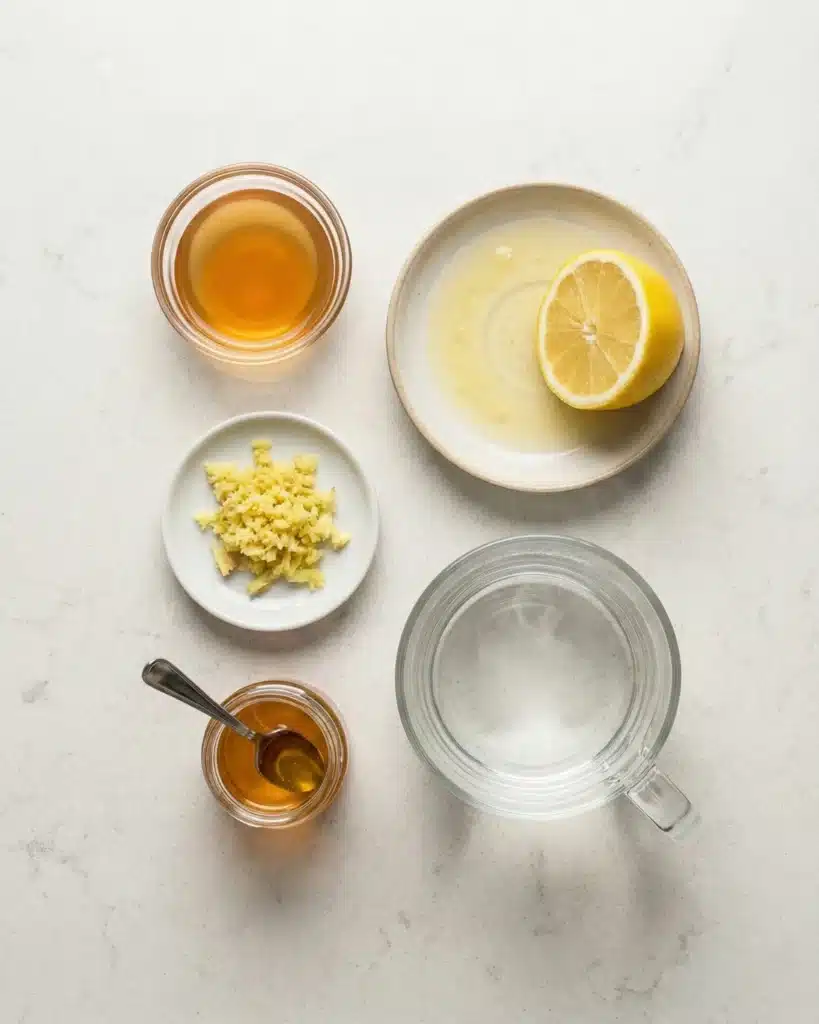 Ingredients laid out for a homemade detox drink including lemon, honey, ginger, and water