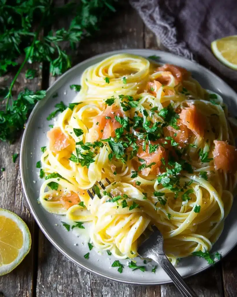 Top-down view of smoked salmon carbonara pasta garnished with parsley and lemon on a rustic table.