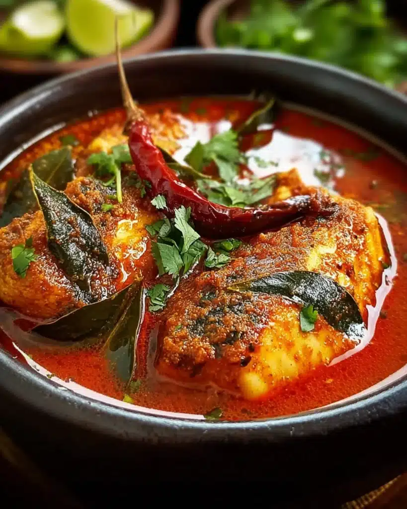 Spicy Flavorful Fish Curry in a dark bowl with curry leaves, dried red chili, and glossy masala sauce