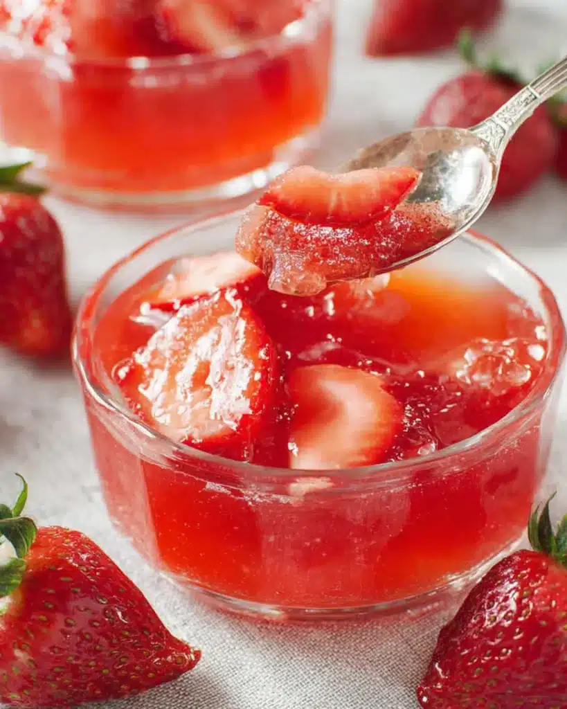 spoonful of strawberry gelatin dessert with real strawberry slices and glossy red texture