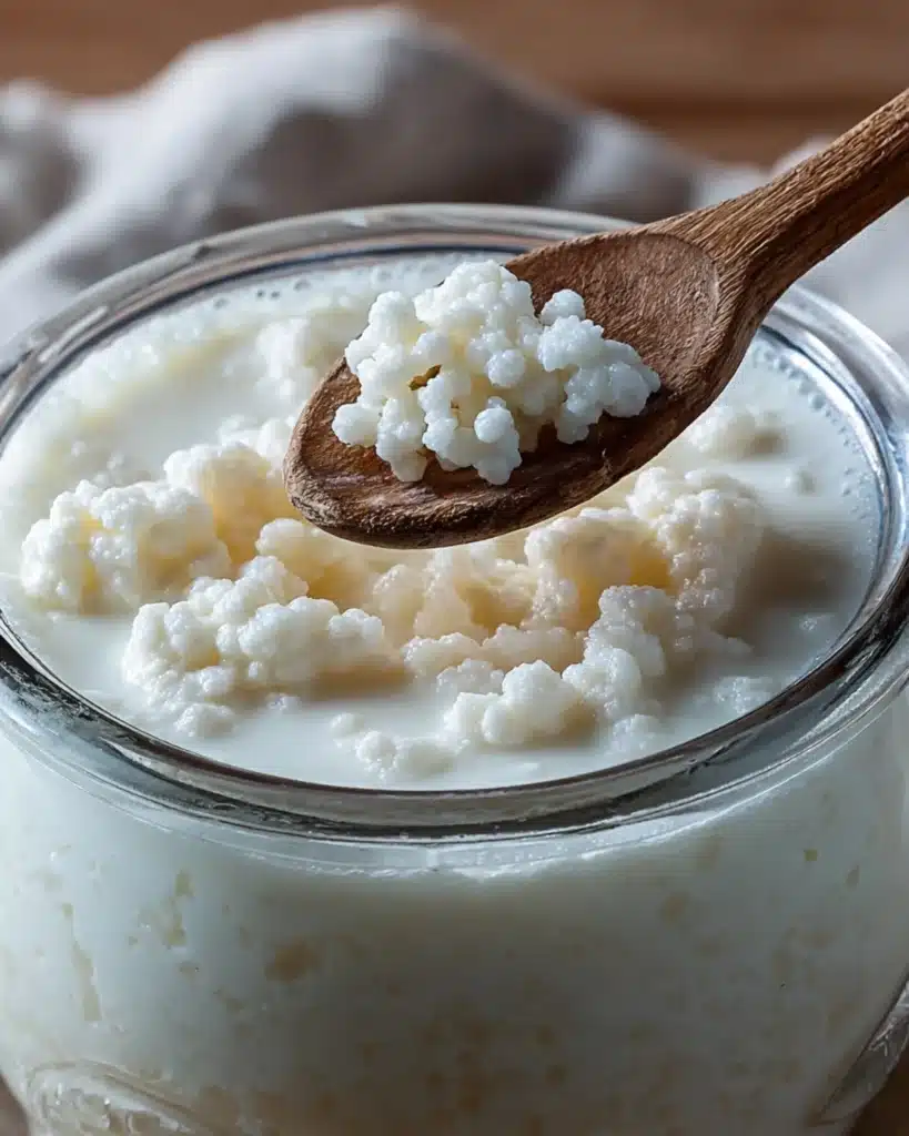 Wooden spoon holding fresh milk kefir grains above a glass jar of thick, creamy fermented milk.