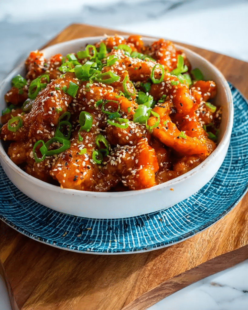 Bowl of sweet and spicy chicken topped with sesame seeds and chopped green onions