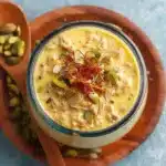 Top view of healthy overnight oats with saffron and pistachios in a glass jar