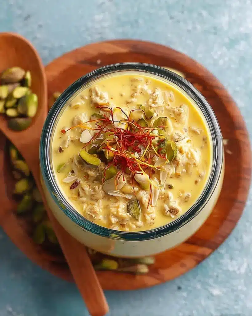 Top view of healthy overnight oats with saffron and pistachios in a glass jar