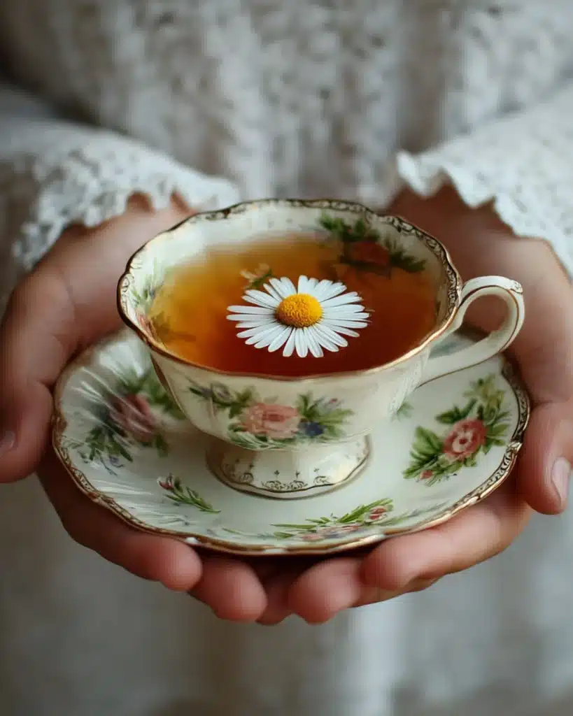 Hands holding a vintage floral teacup filled with golden chamomile tea topped with a daisy flower.