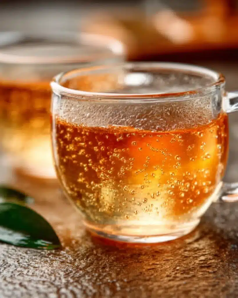 Close-up of a warm collagen gelatin drink in a clear glass mug with bubbles on a rustic table surface.