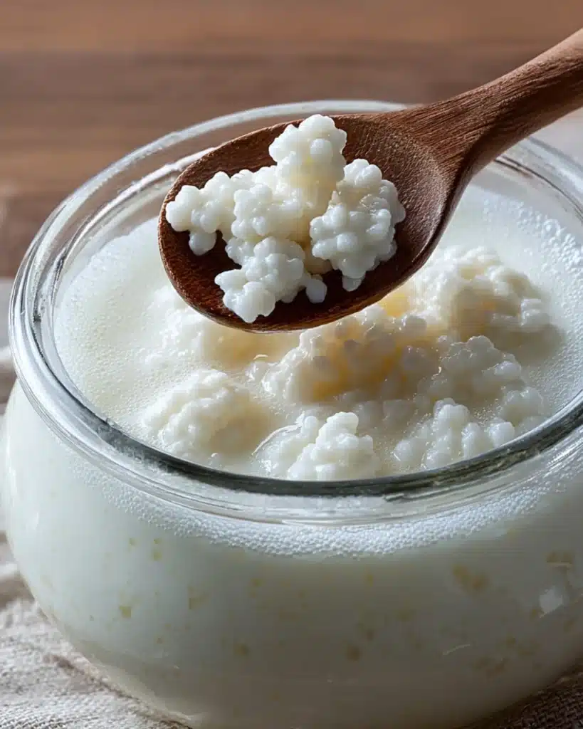 Wooden spoon scooping up fresh milk kefir grains from a glass jar filled with creamy fermented kefir.