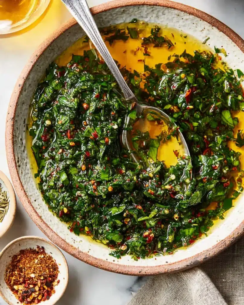 A ceramic bowl filled with vibrant green chimichurri sauce made from parsley, oregano, and olive oil.