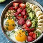 Nutritious breakfast bowl topped with strawberries, banana slices, granola, avocado, and eggs sprinkled with chia seeds.