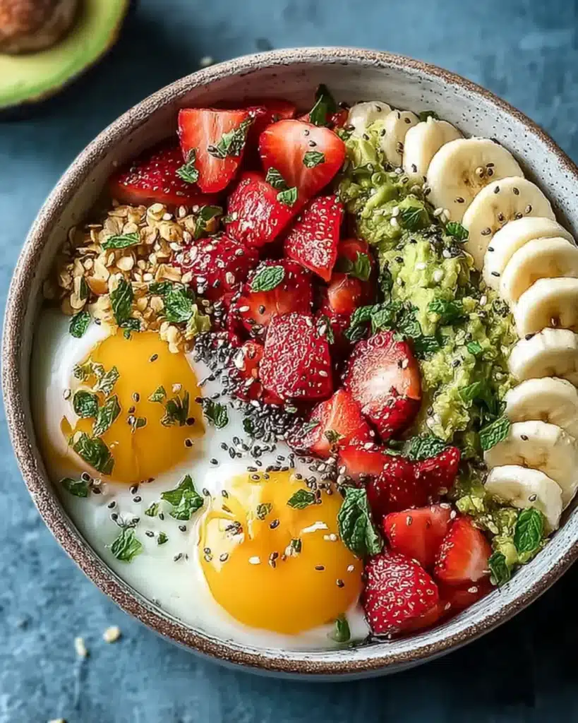 Nutritious breakfast bowl topped with strawberries, banana slices, granola, avocado, and eggs sprinkled with chia seeds.