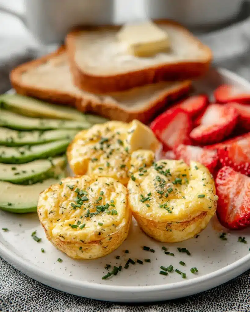 Breakfast plate with egg bites, avocado, strawberries, and toasted bread