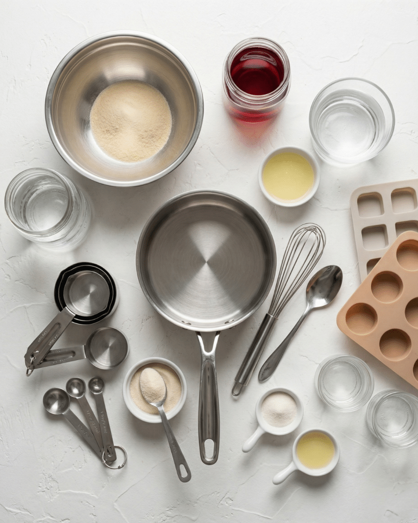 Overhead view of gelatin powder, juice, measuring spoons, whisk, and silicone molds arranged for making a healthy gelatin jello recipe.