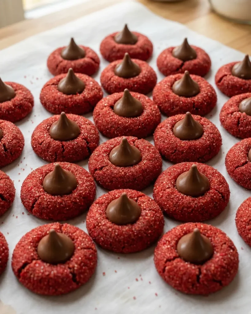 Tray of freshly baked red velvet cookies lined up with glossy chocolate kisses on parchment paper