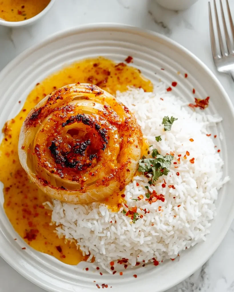 Roasted whole onion served with fluffy white rice and spicy Cajun butter sauce on a white plate