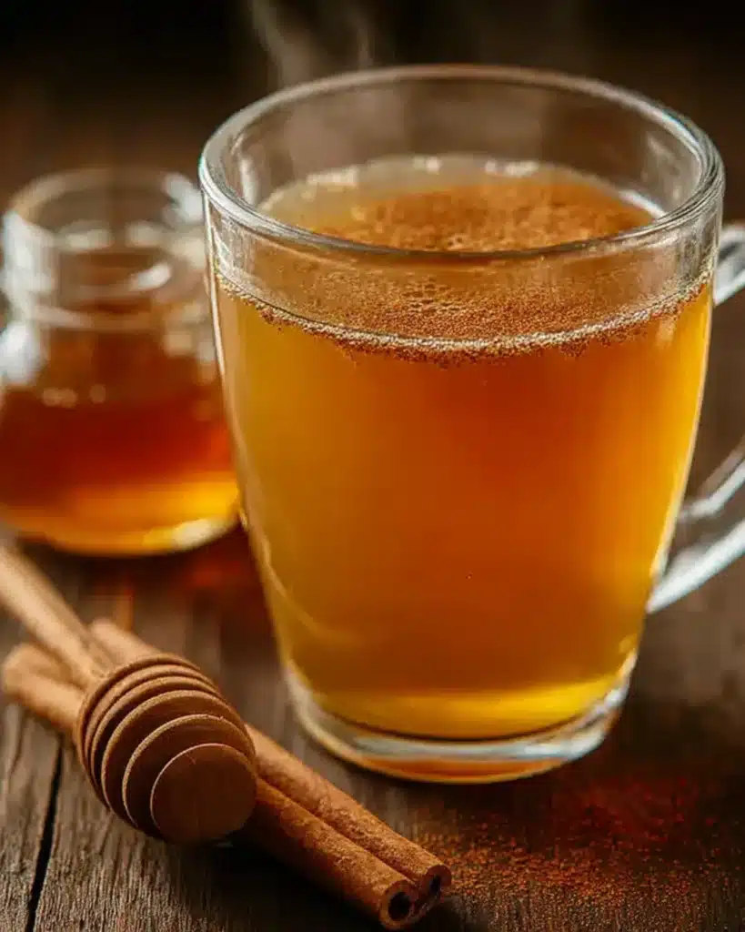 Close-up of warm honey lemon drink with cinnamon and ginger in a clear mug on wooden surface