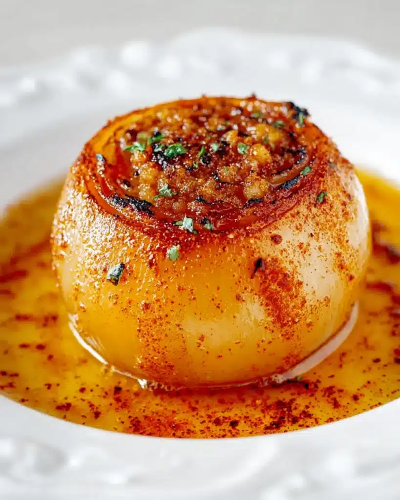 Caramelized onion roasted in butter and herbs with Cajun seasoning on a white plate