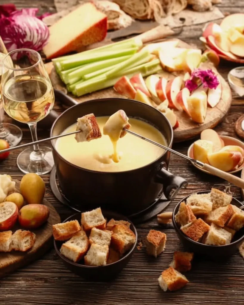 Fondue dinner spread with melted cheese, apples, bread, celery, and wine on a wooden table