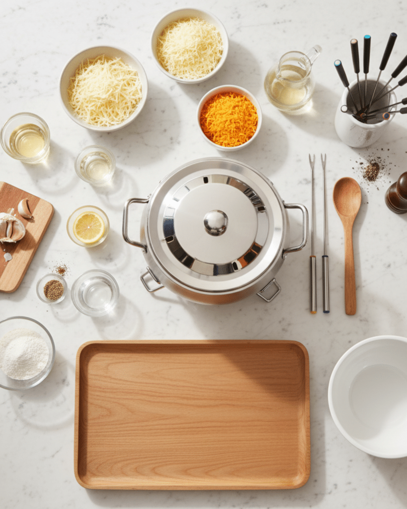 Cheese fondue ingredients and tools arranged on a marble countertop, ready for cooking