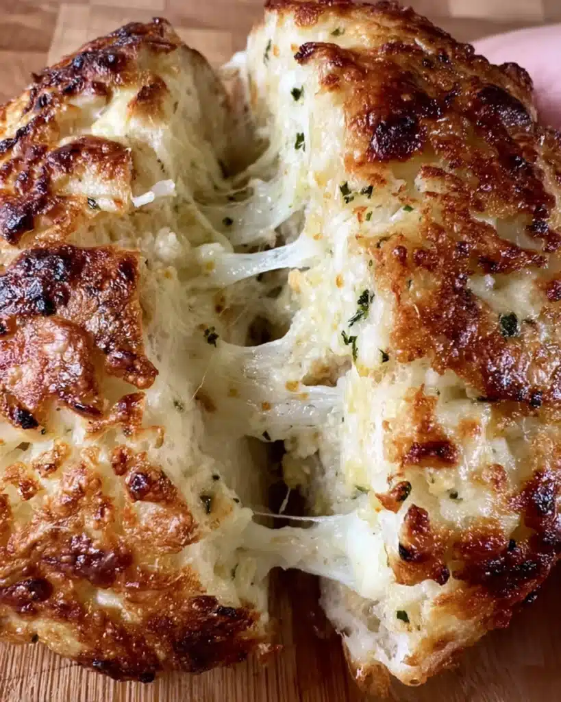 Pulling apart a freshly cooked garlic bread grilled cheese to reveal a melted mozzarella cheese stretch.