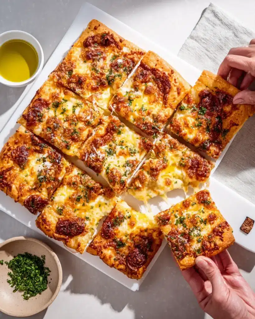 Overhead view of square pizza slices topped with golden cheese, herbs, and olive oil drizzle