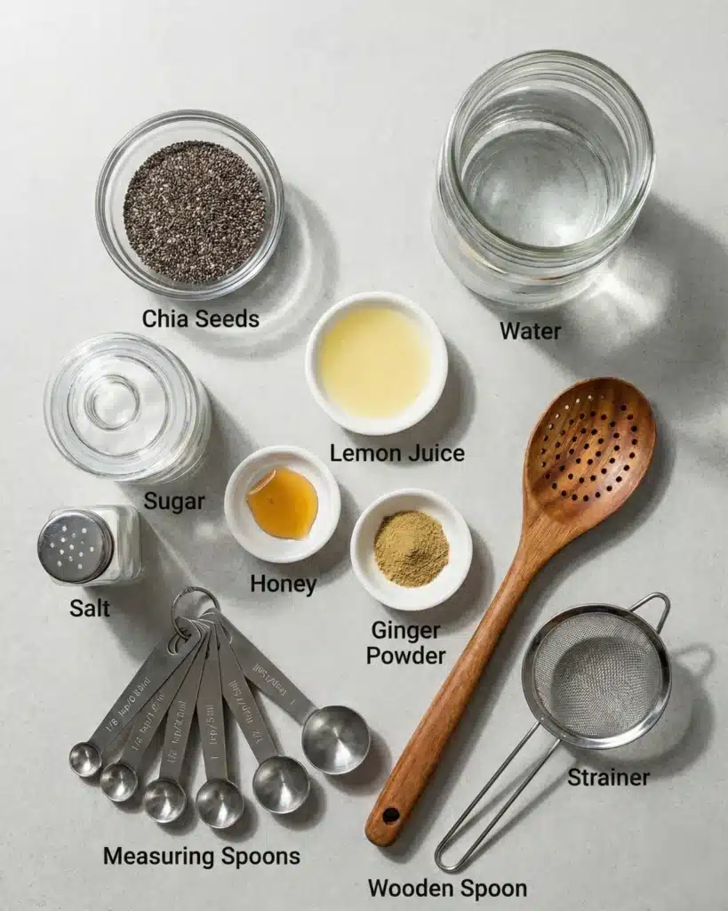 Ingredients for a homemade lemon chia water drink including chia seeds, honey, ginger, and lemon juice.