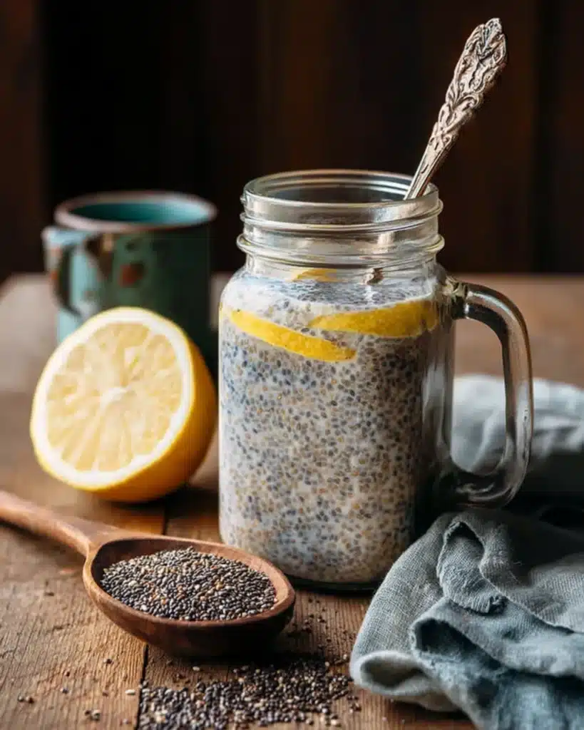 Chia and oat breakfast drink with lemon in a mason jar beside a wooden spoon.