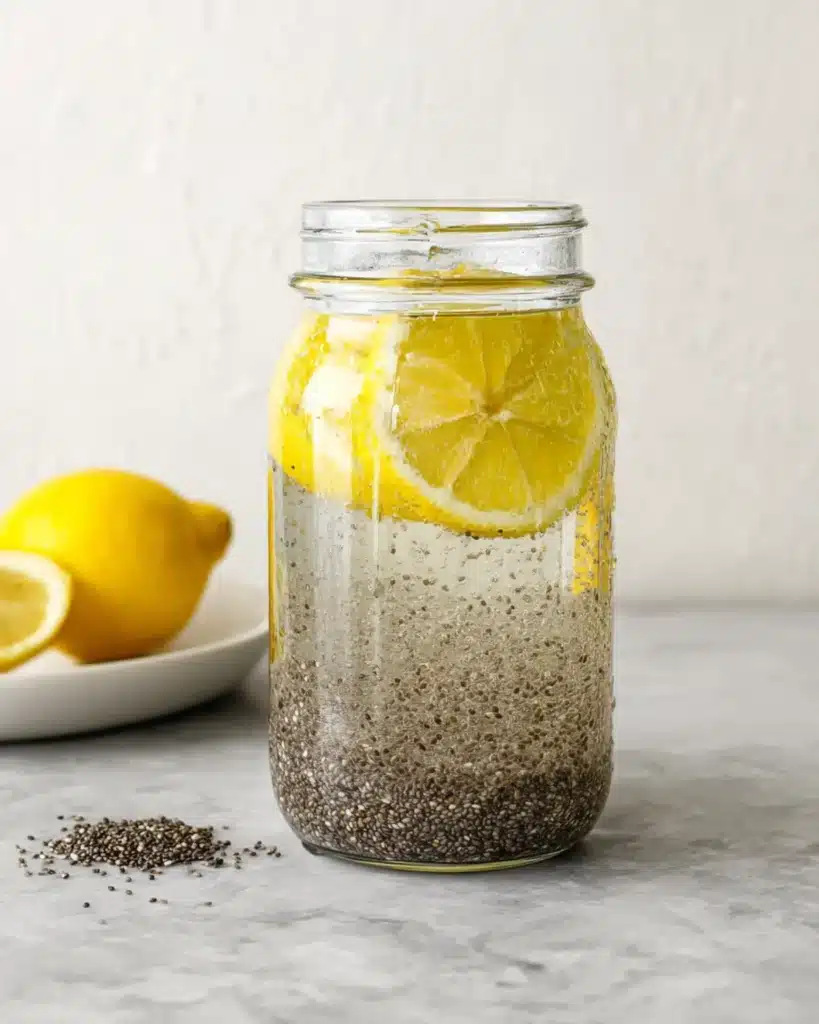 A mason jar filled with chia seeds and lemon slices in water placed on a marble counter beside a fresh lemon.