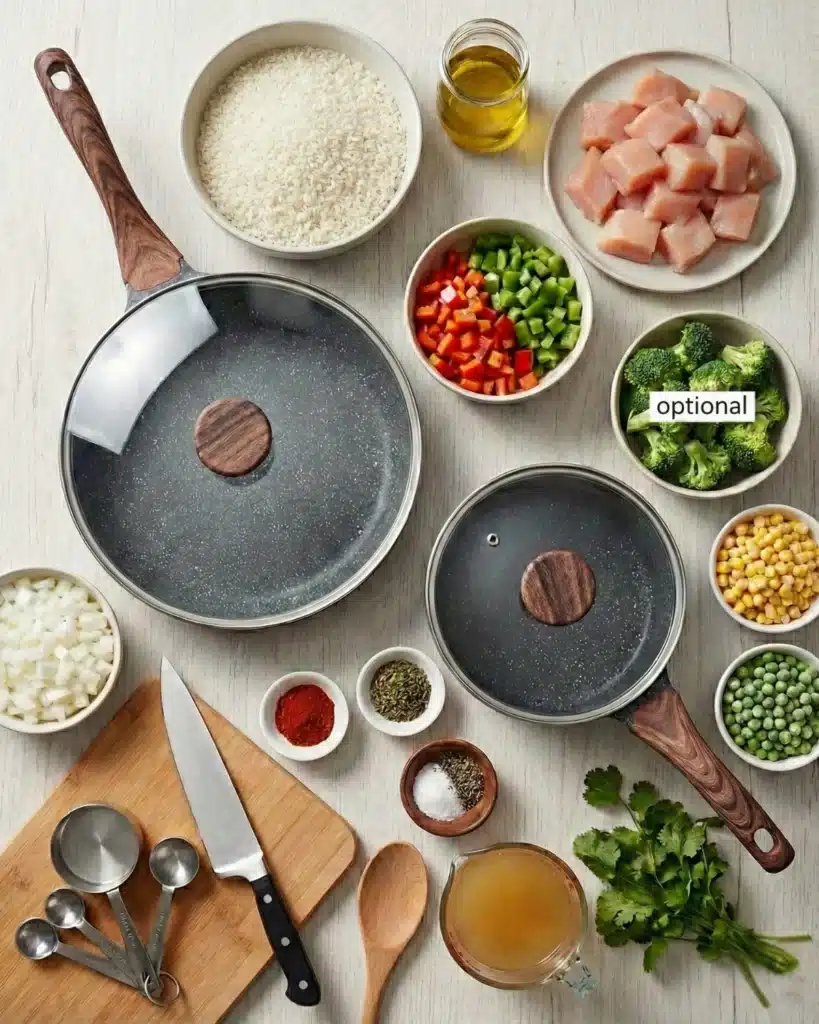 Flat lay of bowls containing rice, diced chicken, spices, and vegetables arranged neatly for cooking.
