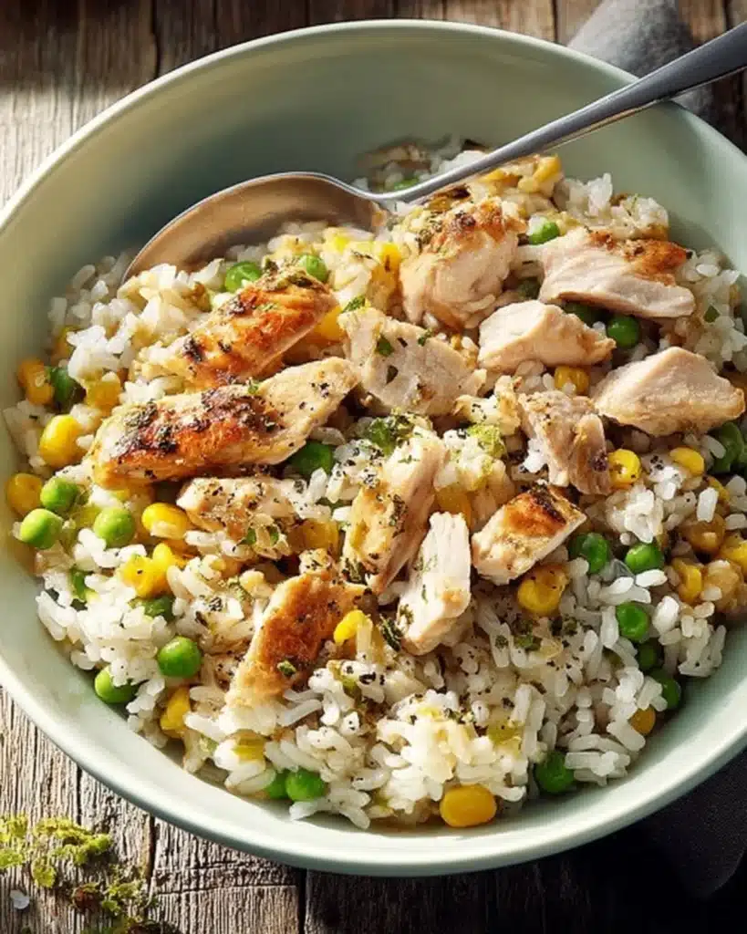 Finished bowl of chicken, rice, peas, and corn garnished with herbs and served in a green dish.