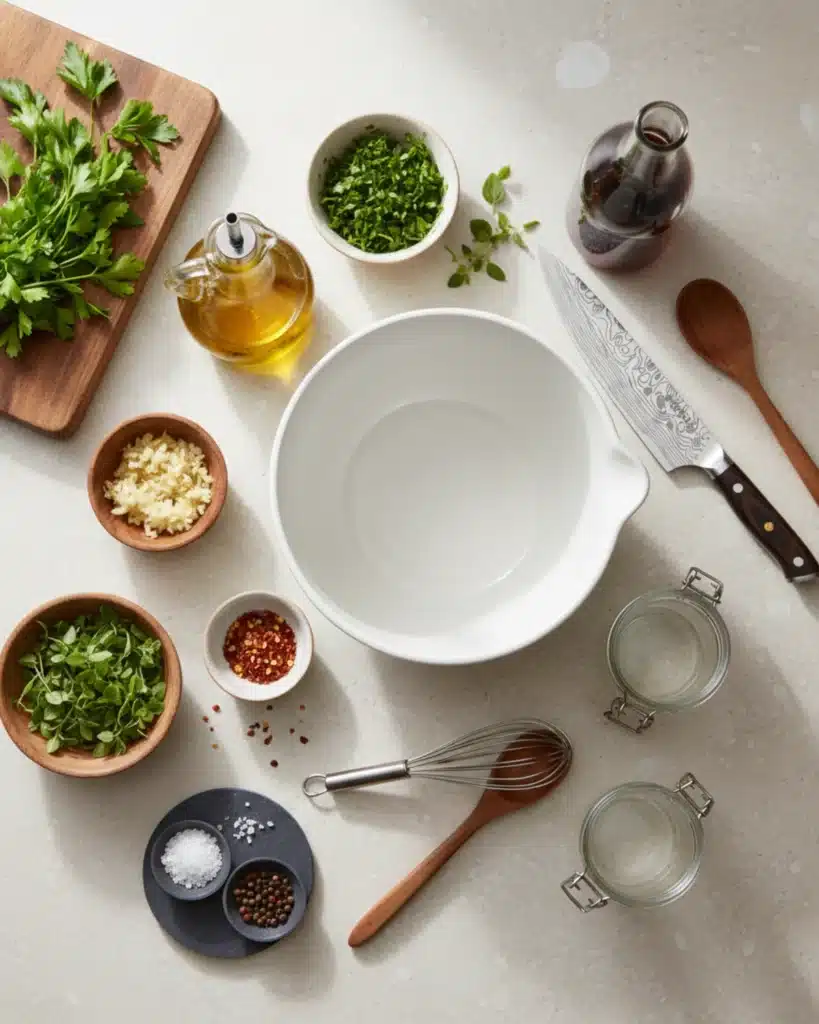 Fresh herbs, olive oil, garlic, red pepper flakes, and spices arranged neatly beside a bowl and whisk for chimichurri sauce.