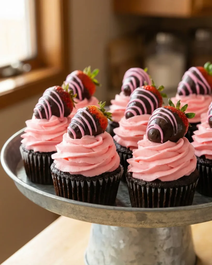 Tray of chocolate cupcakes topped with pink frosting and chocolate-dipped strawberries