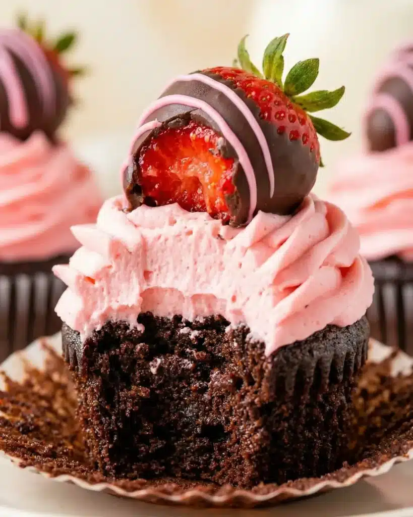 Chocolate strawberry cupcake with a bite taken, topped with a chocolate-dipped strawberry and pink frosting swirl