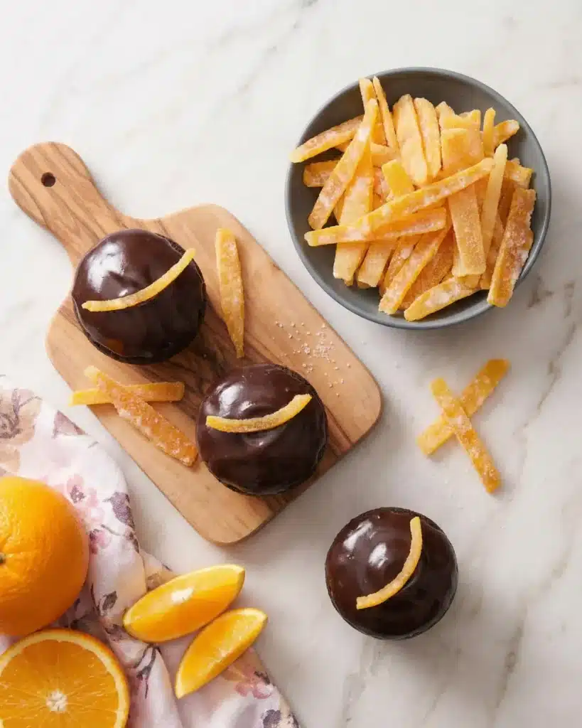 Chocolate cupcakes topped with glossy ganache and orange peel garnish beside a bowl of sugared citrus strips