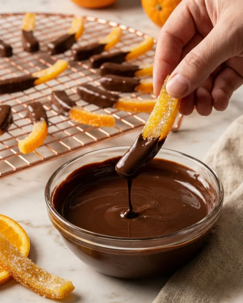 Hand dipping orange peel strip into a bowl of melted dark chocolate with more candy cooling on a wire rack