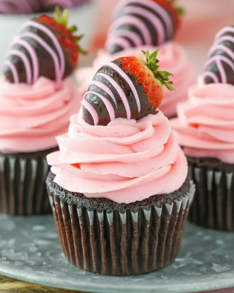 Close-up of frosted chocolate cupcake with strawberry buttercream and chocolate-dipped strawberry