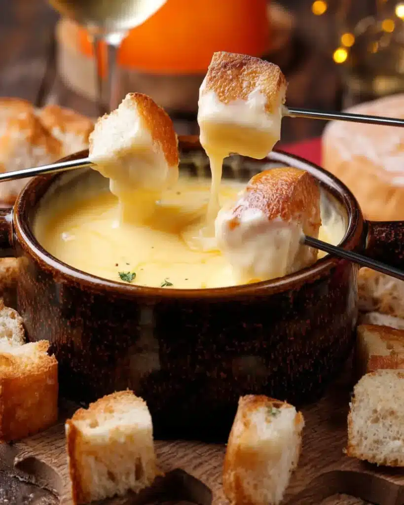 Classic cheese fondue in a ceramic pot with melted cheese and bread on fondue forks