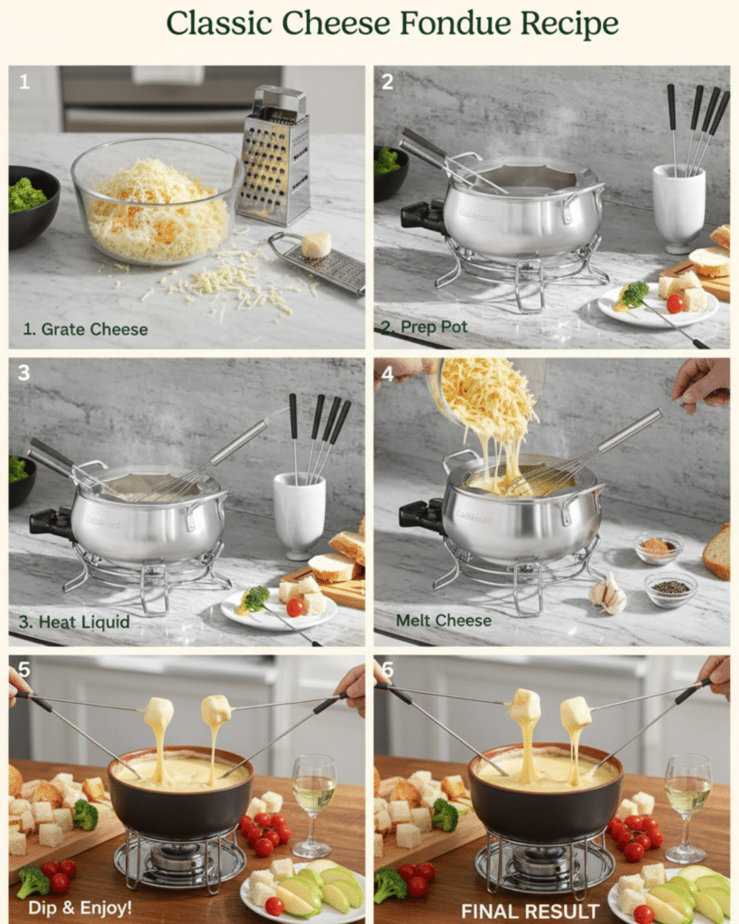 Step-by-step guide showing how to make classic cheese fondue with grated cheese, melted fondue, and dipping bread