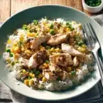 Cooked rice mixed with grilled chicken, peas, and corn, served under warm lighting.