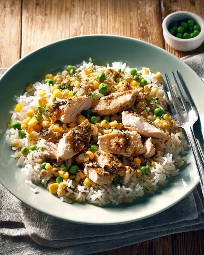 Cooked rice mixed with grilled chicken, peas, and corn, served under warm lighting.