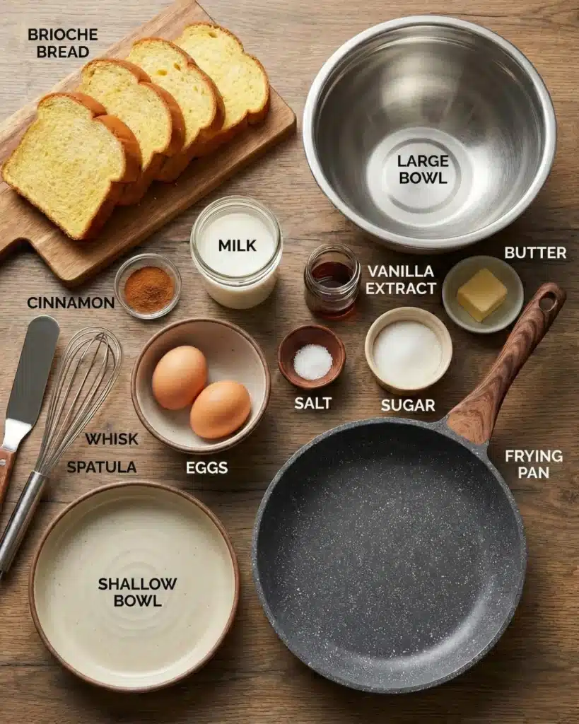 Overhead view of French toast ingredients including brioche bread, eggs, milk, butter, cinnamon, and a whisk arranged neatly on a wooden table.