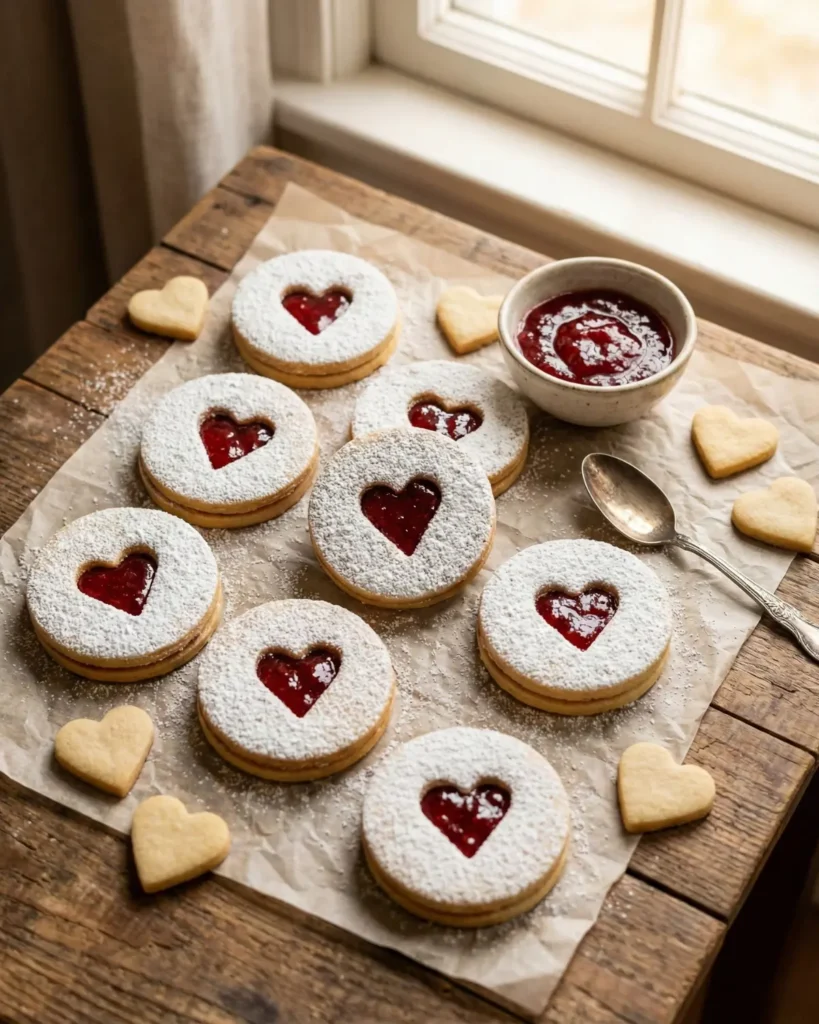 Round Linzer cookies with heart-shaped jam centers on parchment paper near a bowl of strawberry jam and shortbread hearts.