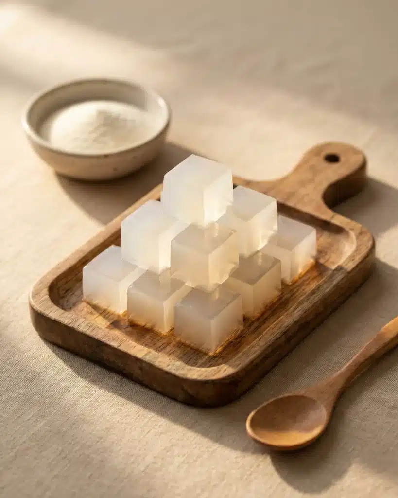 Stacked clear gelatin cubes on a small wooden tray with a spoon and powdered gelatin nearby