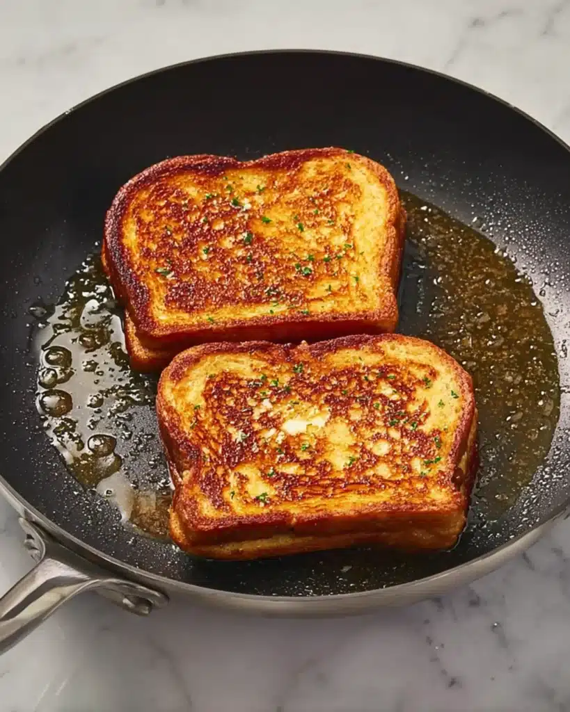 Two slices of golden toast frying in butter in a non-stick pan on a marble countertop.