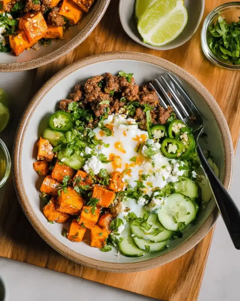Savory cottage cheese and beef dinner bowl with cucumber slices, jalapeños, and roasted sweet potatoes
